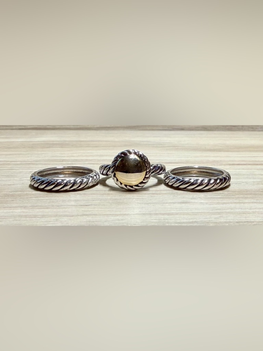 Vintage Designer FD Cable Twisted Sterling Silver & Gold Stacking Rings, Size 6 - Picture 3 of 13